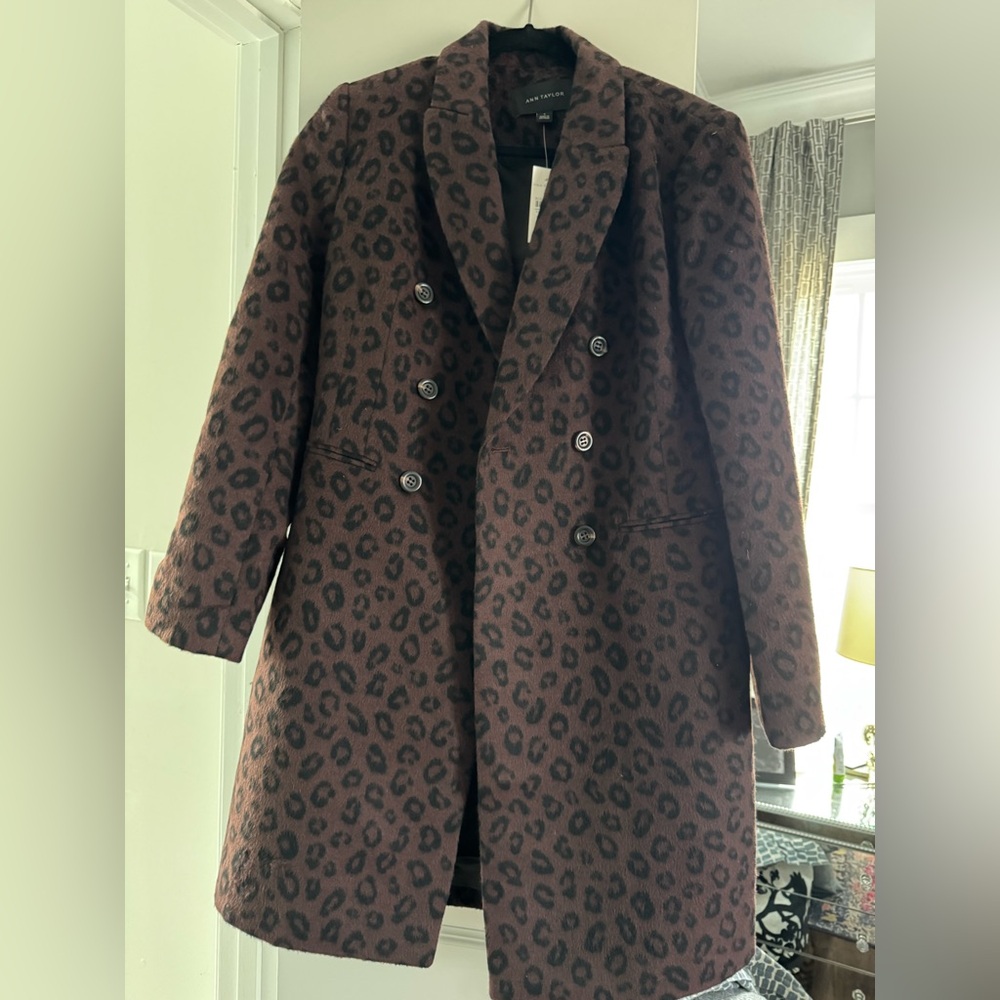NWT Ann Taylor double breasted, leopard wool blend car coat. Size S.